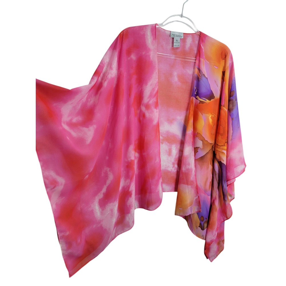 Catherines Womens 5X Kimono Pink Floral Watercolor Sheer Open Front Wrap